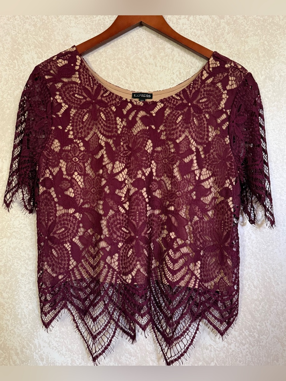 Express Burgundy Floral Lace Short Sleeve Blouse